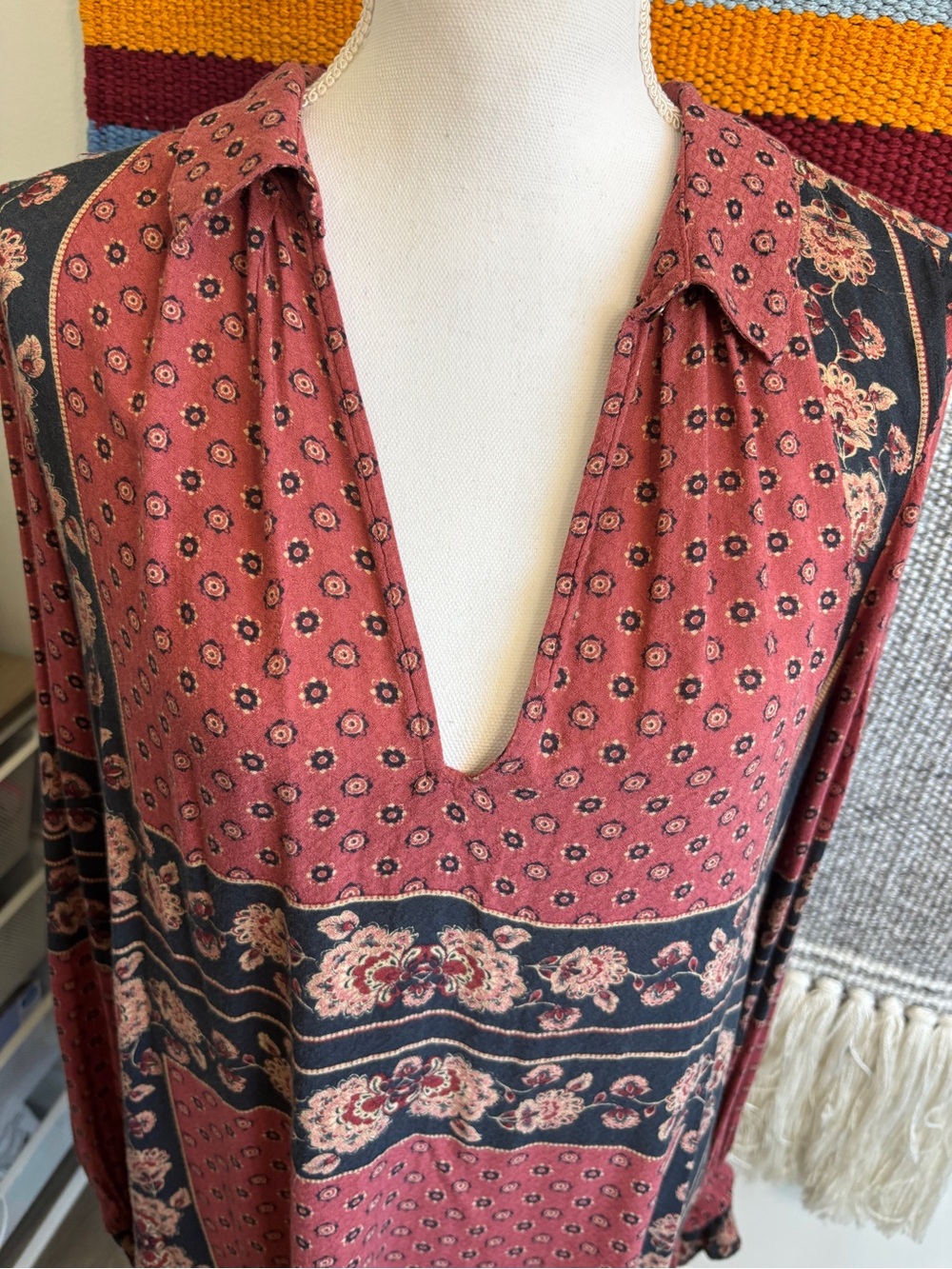 Free People Rust Floral V-Neck Boho Tunic Top - Picture 3 of 7